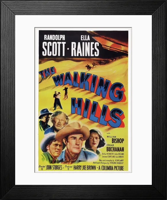 Framed Print : THE WALKING HILLS, US poster, from left: John Ireland, Edgar Buchanan, William Bishop, Randolph Scott, Ella Raines, 1949
