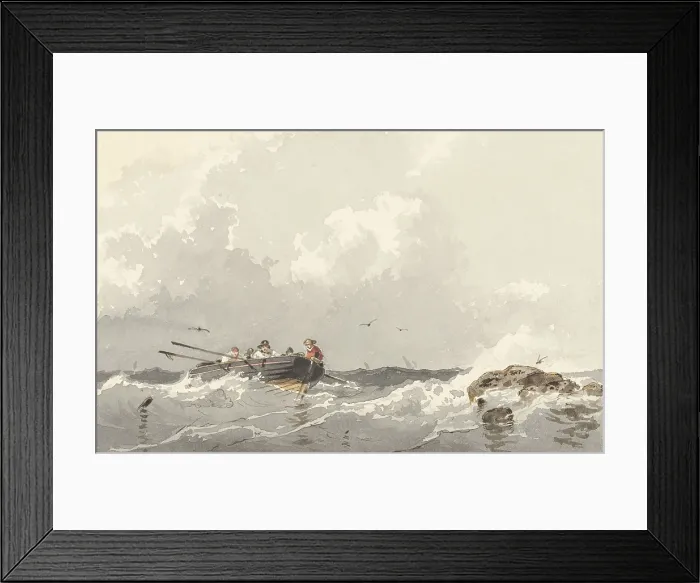 Framed Print : Row Boat at Sea, by Frans Arnold Breuhaus de Groot, ca. 1840-70, Dutch watercolor. Five seamen in small boat near a rock (BSLOC_2016_2_36)