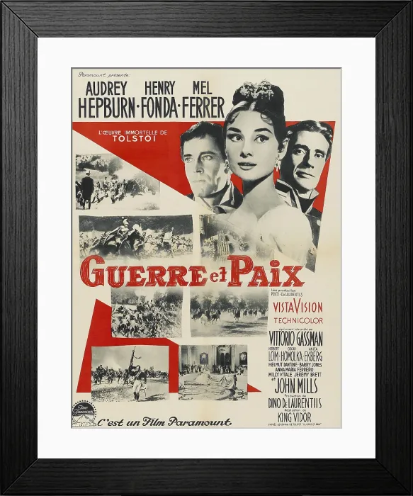 Framed Print : WAR AND PEACE, (aka GUERRE ET PAIX), top l-r: Henry Fonda, Audrey Hepburn, Mel Ferrer on French poster art, 1956 Framed Print : WAR AND PEACE, (aka GUERRE ET PAIX), top l-r: Henry Fonda, Audrey Hepburn, Mel Ferrer on French poster art, 1956