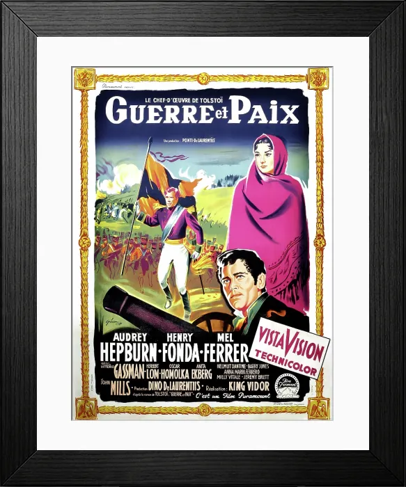 Framed Print : WAR AND PEACE, (aka GUERRE ET PAIX), from left: Mel Ferrer, Audrey Hepburn, Henry Fonda, (French poster art), 1956 Framed Print : WAR AND PEACE, (aka GUERRE ET PAIX), from left: Mel Ferrer, Audrey Hepburn, Henry Fonda, (French poster art), 1956