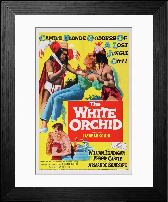 Framed Print : THE WHITE ORCHID, US poster, bottom from left: Peggie Castle, William Lundigan, Peggie Castle (top center), 1954