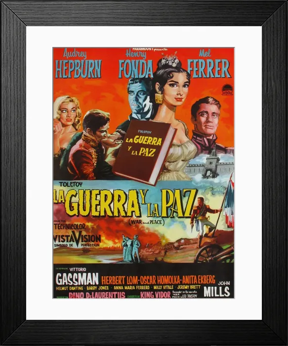 Framed Print : WAR AND PEACE, (aka LA GUERRA Y LA PAZ), top l-r: Anita Ekberg, Vittorio Gassman, Audrey Hepburn, Henry Fonda, Audrey Hepburn, Mel Ferrer on Argentinian poster art, 1956