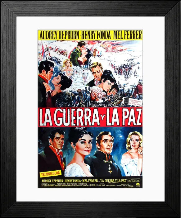 Framed Print : WAR AND PEACE, (aka LA GUERRA Y LA PAZ), top l-r: Vittorio Gassman, Audrey Hepburn, Anita Ekberg, Mel Ferrer, Audrey Hepburn, bottom l-r: Henry Fonda, Audrey Hepburn, Mel Ferrer