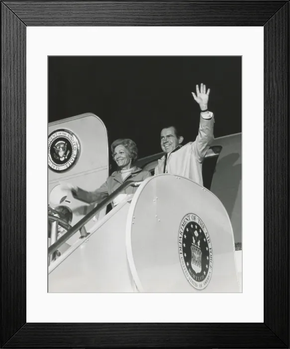 Framed Print : President Richard Nixon and the First Lady Patricia Nixons wave from the door of Airforce One on August 11, 1969 Framed Print : President Richard Nixon and the First Lady Patricia Nixons wave from the door of Airforce One on August 11, 1969