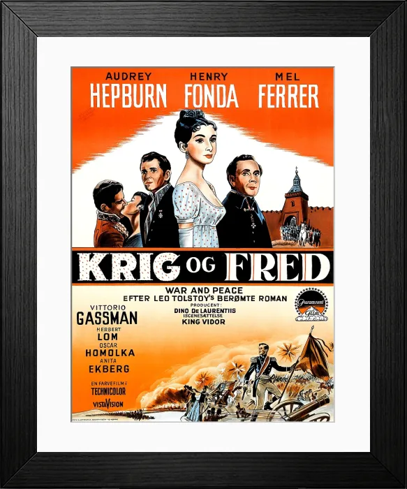 Framed Print : WAR AND PEACE, (aka KRIG OG FRED), Danish poster, from left: Henry Fonda, Audrey Hepburn, Mel Ferrer, 1956 Framed Print : WAR AND PEACE, (aka KRIG OG FRED), Danish poster, from left: Henry Fonda, Audrey Hepburn, Mel Ferrer, 1956