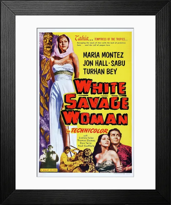 Framed Print : WHITE SAVAGE, (aka WHITE SAVAGE WOMAN, re-release title, 1953), US poster art, top left: Maria Montez; bottom from second right: Maria Montez, Jon Hall; bottom center: Sabu, 1943 Framed Print : WHITE SAVAGE, (aka WHITE SAVAGE WOMAN, re-release title, 1953), US poster art, top left: Maria Montez; bottom from second right: Maria Montez, Jon Hall; bottom center: Sabu, 1943