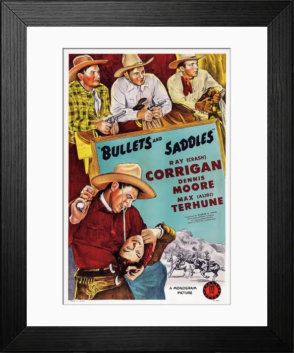 Framed Print : BULLETS AND SADDLES, top l-r: Max Terhune, Ray Crash Corrigan, Dennis Moore, bottom: Ray Crash Corrigan on poster art, 1943