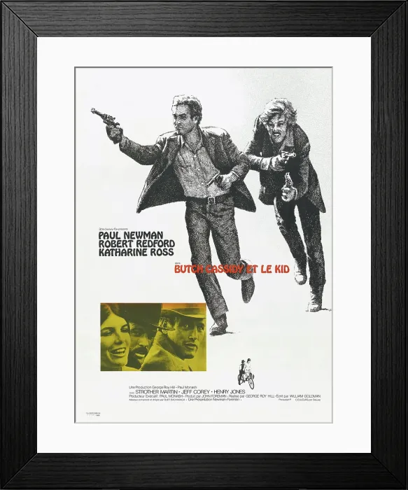 Framed Print : BUTCH CASSIDY AND THE SUNDANCE KID, (aka BUTCH CASSIDY ET LE KID), French poster, from left: Paul Newman, Robert Redford, inset photo: Katharine Ross, Robert Redford, Paul Newman