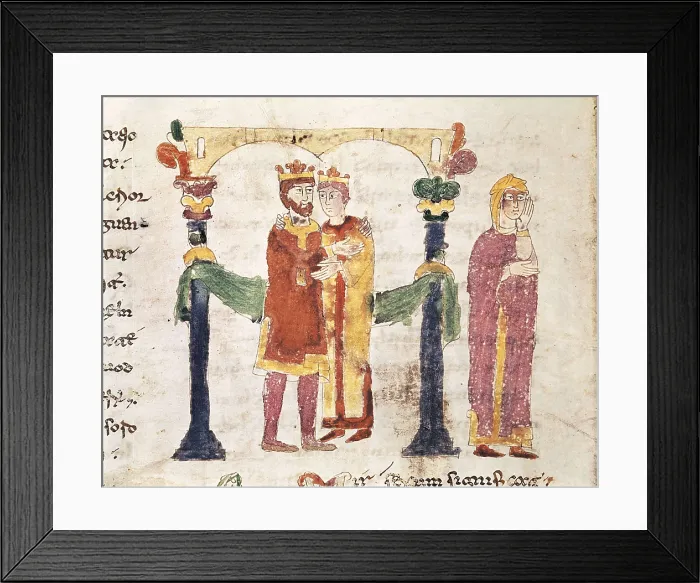 Framed Print : RABANUS, Maurus (c. 780 - 856). De Universo (s. IX). The Couple. Romanesque edition of the original Carolingian manuscript. Romanesque art. Miniature Painting. ITALY. Cassino Framed Print : RABANUS, Maurus (c. 780 - 856). De Universo (s. IX). The Couple. Romanesque edition of the original Carolingian manuscript. Romanesque art. Miniature Painting. ITALY. Cassino