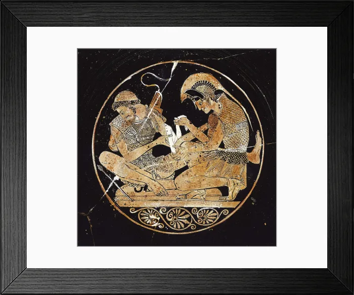 Framed Print : SOSIAS, Painter (ca. 500 BC). Vase of Sosias. ca. 500 BC. Achilles bandaging his friend Patroclus arm. Inside decoration. Archaic Greek art. Ceramics. GERMANY. Berlin