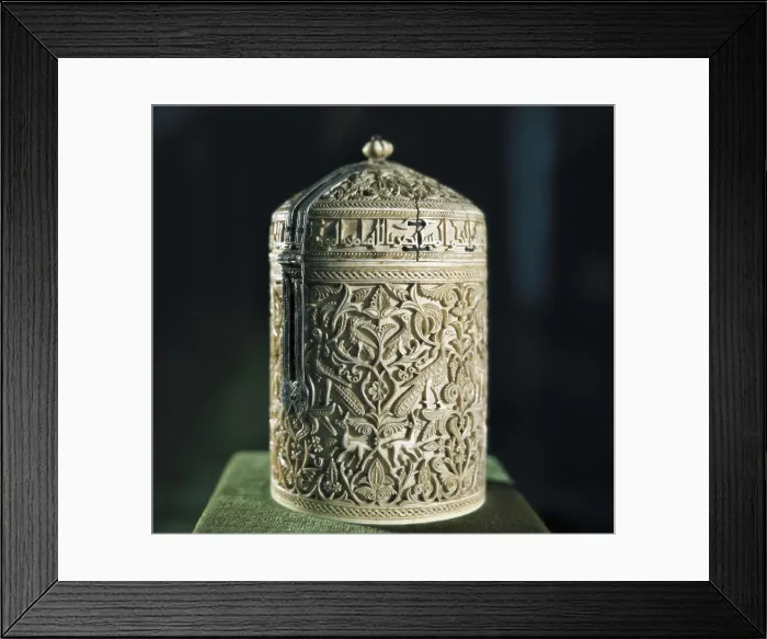 Framed Print : Zamora Pyxis. 946. This pyxis has a notice explaining how in the 353 year of the Hijra, the Caliph Al-Hakan gave it it to the Basque Subh, mother of his heir, Hisam