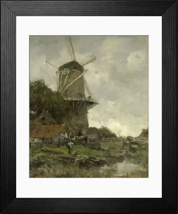Framed Print : The Windmill, by Jacob Maris, c. 1880-86, Dutch painting, oil on canvas. Windmill behind some houses and trees in a canal. A man bends over near a barge (BSLOC_2016_2_29) Framed Print : The Windmill, by Jacob Maris, c. 1880-86, Dutch painting, oil on canvas. Windmill behind some houses and trees in a canal. A man bends over near a barge (BSLOC_2016_2_29)