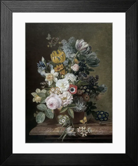 Framed Print : Still Life with Flowers, by Eelke Jelles Eelkema, c. 1815-39, Dutch oil painting, oil on canvas. Bouquet of roses, tulips, daffodils, irises, on a stone plinth Framed Print : Still Life with Flowers, by Eelke Jelles Eelkema, c. 1815-39, Dutch oil painting, oil on canvas. Bouquet of roses, tulips, daffodils, irises, on a stone plinth