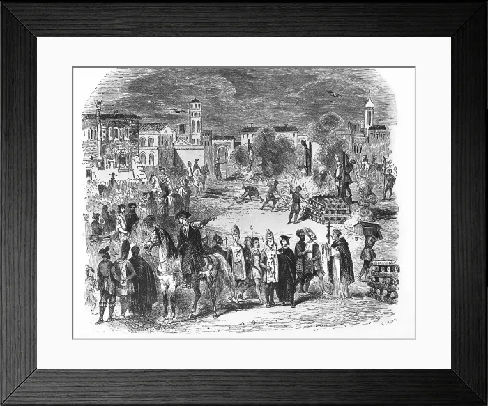 Framed Print : Auto-da-fe of the Spanish Inquisition. Engraving by Vergeil (19th c.). Engraving. AISA / Everett Collection**US SALES ONLY** Framed Print : Auto-da-fe of the Spanish Inquisition. Engraving by Vergeil (19th c.). Engraving. AISA / Everett Collection**US SALES ONLY**