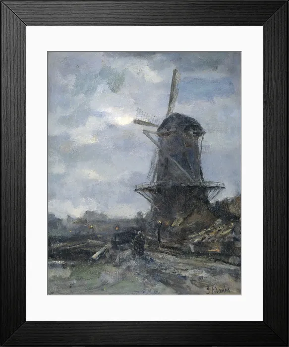 Framed Print : Mill at Moonlight. By Jacob Maris, c. 1899, Dutch painting, oil on canvas. Windmill in the foreground on a dirt road with a solitary figure walking near lanterns (BSLOC_2016_2_28) Framed Print : Mill at Moonlight. By Jacob Maris, c. 1899, Dutch painting, oil on canvas. Windmill in the foreground on a dirt road with a solitary figure walking near lanterns (BSLOC_2016_2_28)