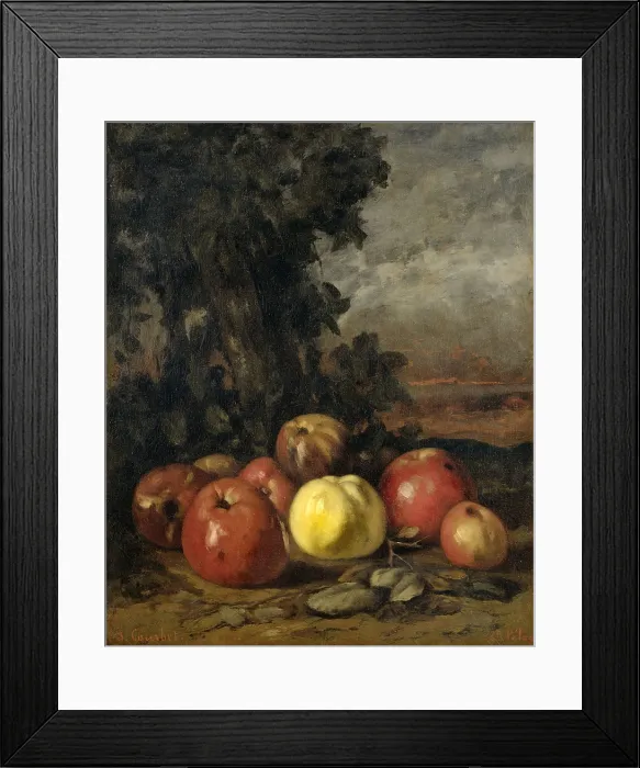 Framed Print : Still Life with Apples, by Gustave Courbet, 1871-72, French painting, oil on canvas. Apples grouped against a landscape of trees and fields Framed Print : Still Life with Apples, by Gustave Courbet, 1871-72, French painting, oil on canvas. Apples grouped against a landscape of trees and fields