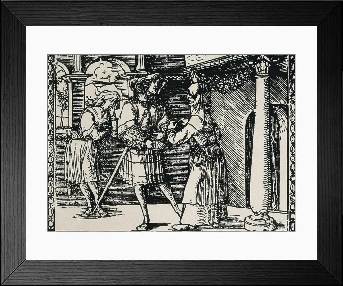 Framed Print : ROJAS, Fernando de (1465-1541). Representation of Prmeno, Calisto and Celestina, three of the main characters of 'La Celestina'. Xylography