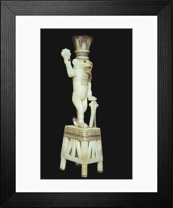 Framed Print : Ointments vase depicting God Bes as a lion. 1370 - 1352 BC. Tutankhamun's treasure. Egyptian art. New Kingdom. Sculpture in the round. EGYPT. Cairo. Egyptian Museum
