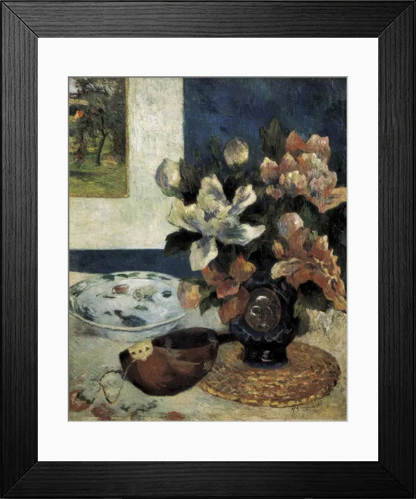Framed Print : GAUGUIN, Paul (1848-1903). Still Life with a Mandolin. 1885. In the background there is a landscape of Armand Guillaumin 'Verger en Ile-de-France'. Symbolism
