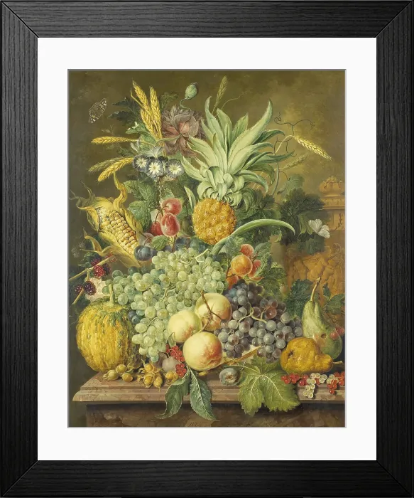 Framed Print : Still Life with Fruit, by Jacobus Linthorst, 1808, Dutch painting, oil on panel. Rich arrangement of various fruit with vegetables, flowers, and a butterfly Framed Print : Still Life with Fruit, by Jacobus Linthorst, 1808, Dutch painting, oil on panel. Rich arrangement of various fruit with vegetables, flowers, and a butterfly
