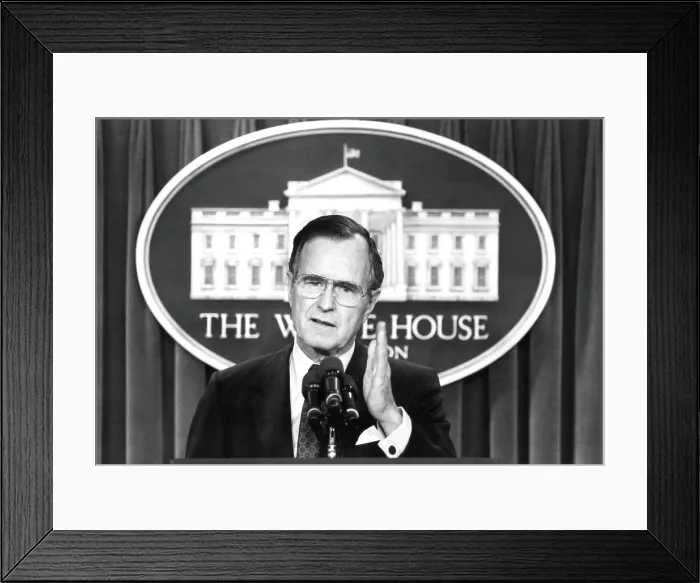 Framed Print : President George H.W. Bush answering a reporters question on Jan. 27, 1989, during his first post-election press conference (BSLOC_2021_3_50)