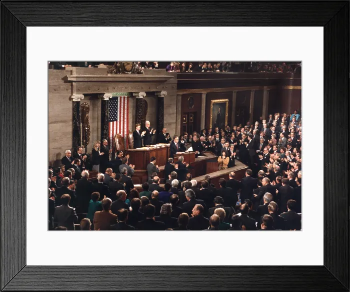 Framed Print : President George H.W. Bush delivering the state of the Union address, Jan 29, 1991. Behind him are Vice President Dan Quayle and Speaker of the House, Tom Foley