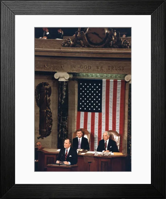 Framed Print : President George H.W. Bush delivering the State of the Union address, Jan 29, 1991. Behind him are Vice President Dan Quayle and Speaker of the House, Tom Foley (BSLOC_2021_3_57)