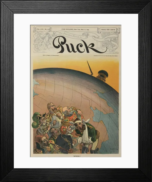 Framed Print : Emperor Mutsuhito of Japan, peering over the Earth from the east toward Europe