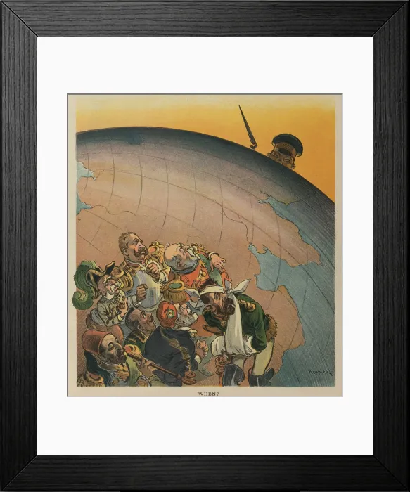 Framed Print : Emperor Mutsuhito of Japan, peering over the Earth from the east toward Europe Framed Print : Emperor Mutsuhito of Japan, peering over the Earth from the east toward Europe