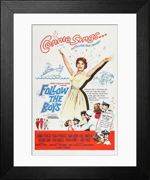 Framed Print : FOLLOW THE BOYS, top: Connie Francis, bottom l-r: Janis Paige, Ron Randell, Connie Francis, Roger Perry, Paula Prentiss, far bottom, Russ Tamblyn on poster art, 1963