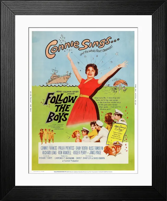 Framed Print : FOLLOW THE BOYS, Us poster art, top: Connie Francis, bottom left to right: Janis Paige, Ron Randell, Connie Francis, Roger Perry, Paula Prentiss, far bottom, Russ Tamblyn, 1963