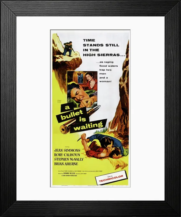 Framed Print : A BULLET IS WAITING, top and bottom l-r: Rory Calhoun, Jean Simmons on poster art, 1954