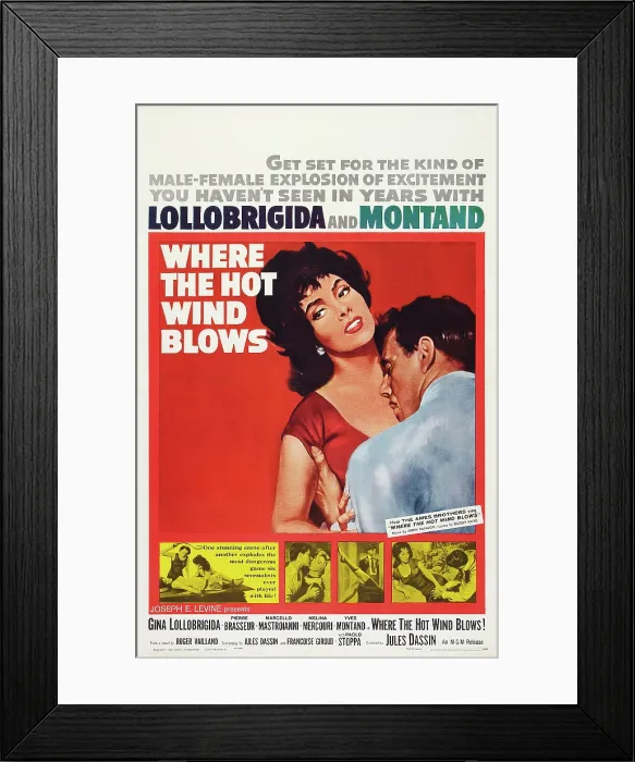 Framed Print : THE LAW, (aka LA LEGGE, aka WHERE THE HOT WIND BLOWS), US poster, from left: Gina Lollobrigida, Yves Montand, 1959