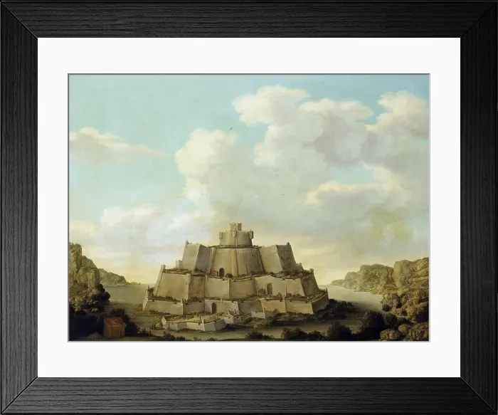 Framed Print : A Fortress, by Matthieu Dubus, c. 1639, Dutch painting, oil on panel. Coastal Landscape with a multi-tiers fortification on an island (BSLOC_2016_3_258)