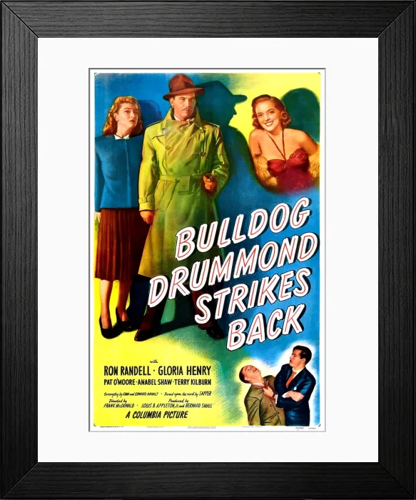 Framed Print : BULLDOG DRUMMOND STRIKES BACK, US poster, top from left: Gloria Henry, Ron Randell, Anabel Shaw, 1947