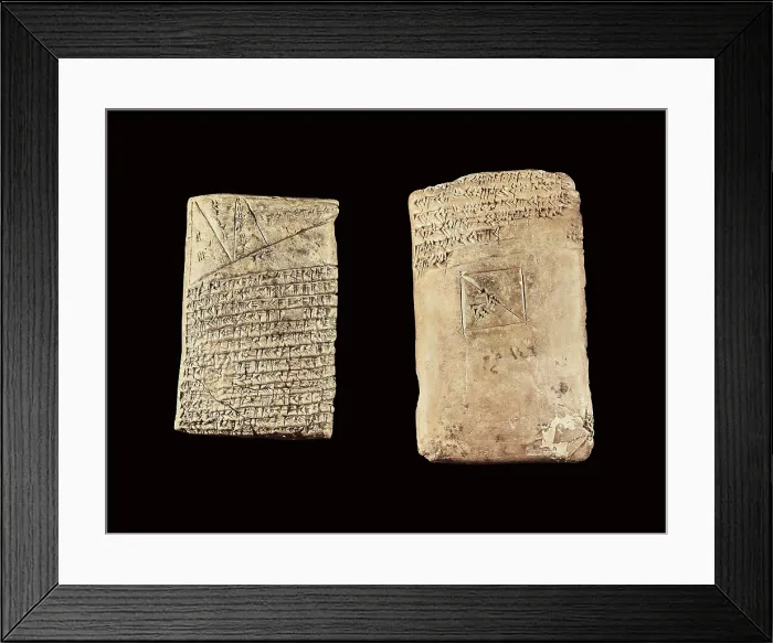 Framed Print : Tablet with cuineform writing and mathematic calculations. Babylonian art. Old Babylonian period. Relief. IRAQ. Bagdad. Baghdad Museum. Proc: IRAQ. Tell Harmal