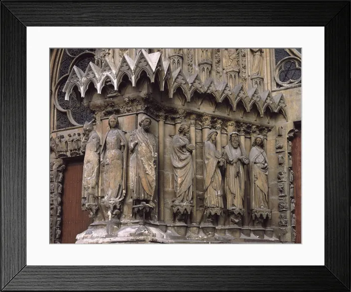 Framed Print : Cathedral of Notre-Dame of Reims. 1211-1311. FRANCE. Reims. Cathedral of Notre-Dame. Sculptural group of the western faade. Detail. Gothic art. Sculpture on rock