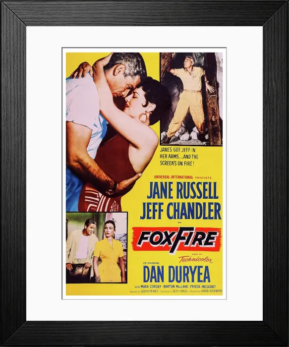 Framed Print : FOXFIRE, US poster art, top from left: Jane Russell, Jeff Chandler; bottom insert from left: Dan Duryea, Mara Corday, 1955