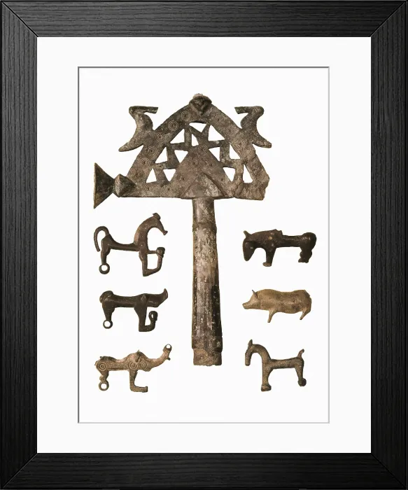 Framed Print : Fibula with representations of animals and an ornamental object (7th c. BC). Hallstatt Culture. Iron Age. Decorative Arts. SPAIN. Barcelona. Archaeology Museum of Catalonia