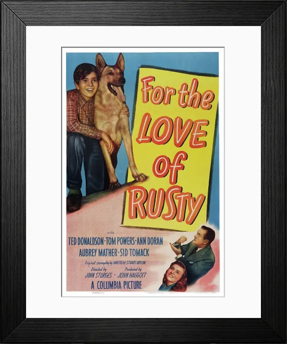 Framed Print : FOR THE LOVE OF RUSTY, top l-r: Ted Donaldson, Flame the Dog, bottom l-r: Tom Powers, Ann Doran on poster art, 1947