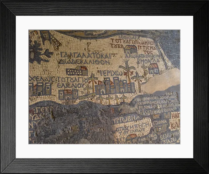 Framed Print : The Mosaic Map of Jerusalem, 542-570, 6th Century A.D. mosaic - Jordan, Madaba, Church of Saint George. Whole artwork view