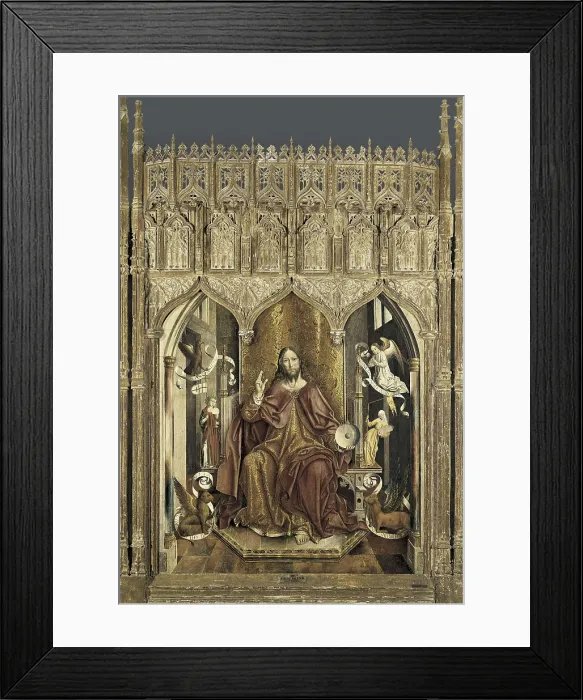 Framed Print : GALLEGO, Fernando (1440-1507). Christ Giving his Blessing. ca. 1470. Christ seated in a throne, surrounded by the Tetramorph. The Church and the Synagogue are on the sides Framed Print : GALLEGO, Fernando (1440-1507). Christ Giving his Blessing. ca. 1470. Christ seated in a throne, surrounded by the Tetramorph. The Church and the Synagogue are on the sides