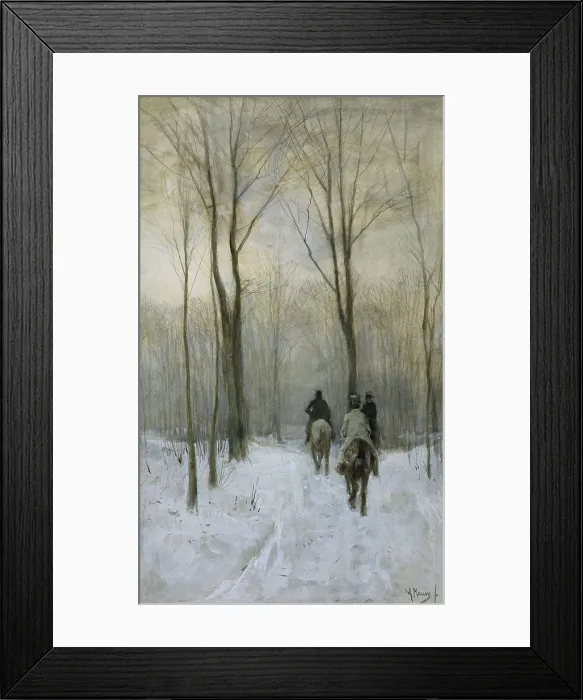 Framed Print : Riders in the Snow in the Haagse Bos, by Anton Mauve, 1880, Dutch watercolor painting. Three men on horseback ride on a road in a forest (BSLOC_2016_2_39)