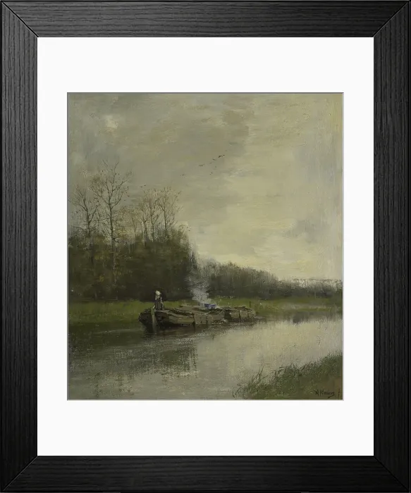 Framed Print : Barge Canal, by Anton Mauve, c. 1860-88, Dutch painting, oil on canvas. Two barges moored along a barge canal. A woman stands at the helm of a boat (BSLOC_2016_2_38)