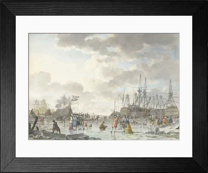 Framed Print : Frost Fair on a Frozen River with Ships, Hendrik Kobell, 1773, Dutch watercolor painting