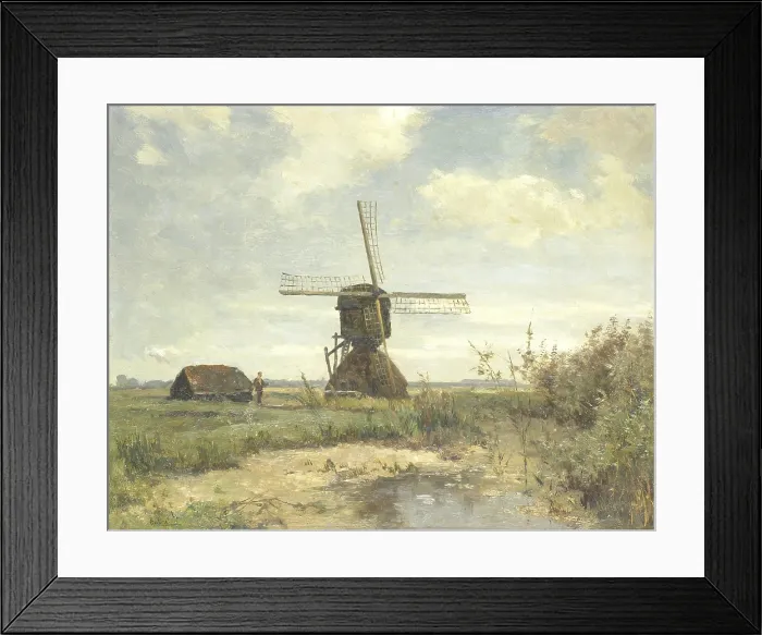 Framed Print : Sunny Day, a Mill to a Waterway, by Paul Gabriel, c. 1860-1903, Dutch painting, oil on panel. Nearby is a man with a fishing rod beside a shed (BSLOC_2016_2_30)