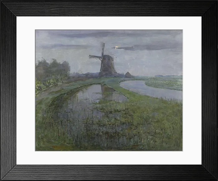 Framed Print : Oostzijdse Mill along the River Gein by Moonlight, by Piet Mondrian, c. 1903, Dutch oil painting