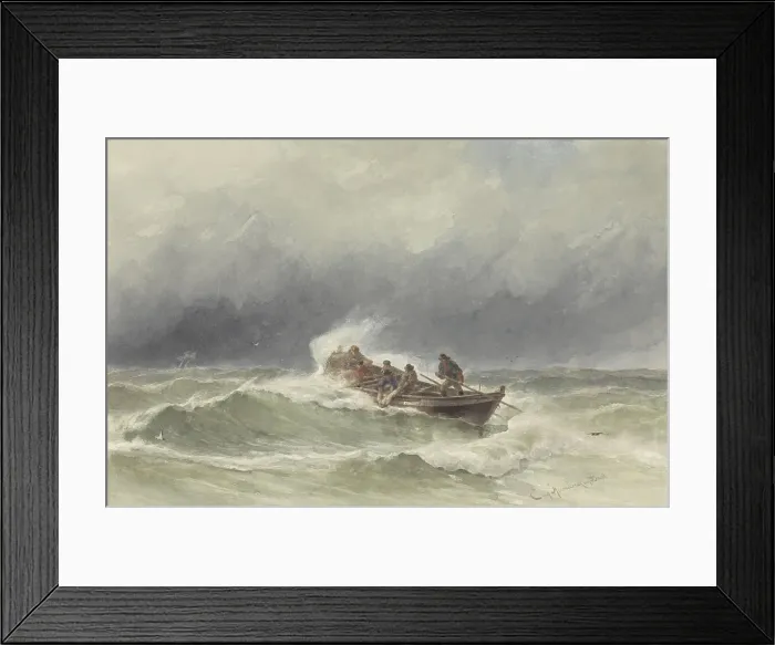 Framed Print : Rescue at Sea, by Jacob Eduard van Heemskerck van Beest, c. 1850-90, Dutch watercolor painting. Six man rowboat pulls a seaman abroad in storm blown open sea (BSLOC_2016_2_33)