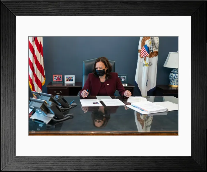 Framed Print : Vice President Kamala Harris talks on a speaker phone with Director General of the World Health Organization, Tedros Adhanom, Jan. 21, 2021