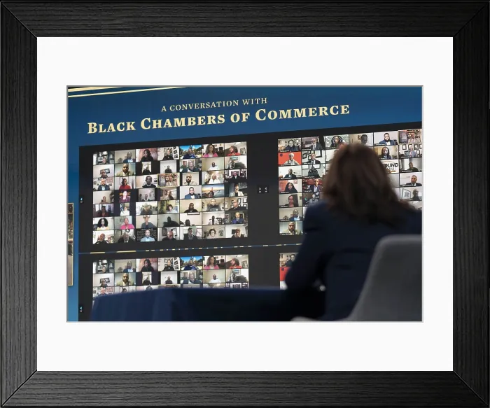 Framed Print : Vice President Kamala Harris attends a virtual economic conference with Secretary of the Treasury, Dr. Janet Yellen, and members of Black Chambers of Commerce, Feb Framed Print : Vice President Kamala Harris attends a virtual economic conference with Secretary of the Treasury, Dr. Janet Yellen, and members of Black Chambers of Commerce, Feb